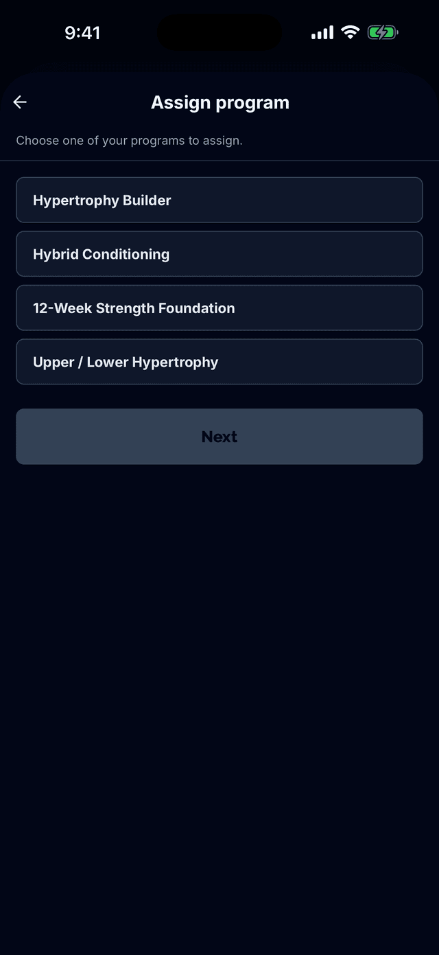 Training program workouts on calendar