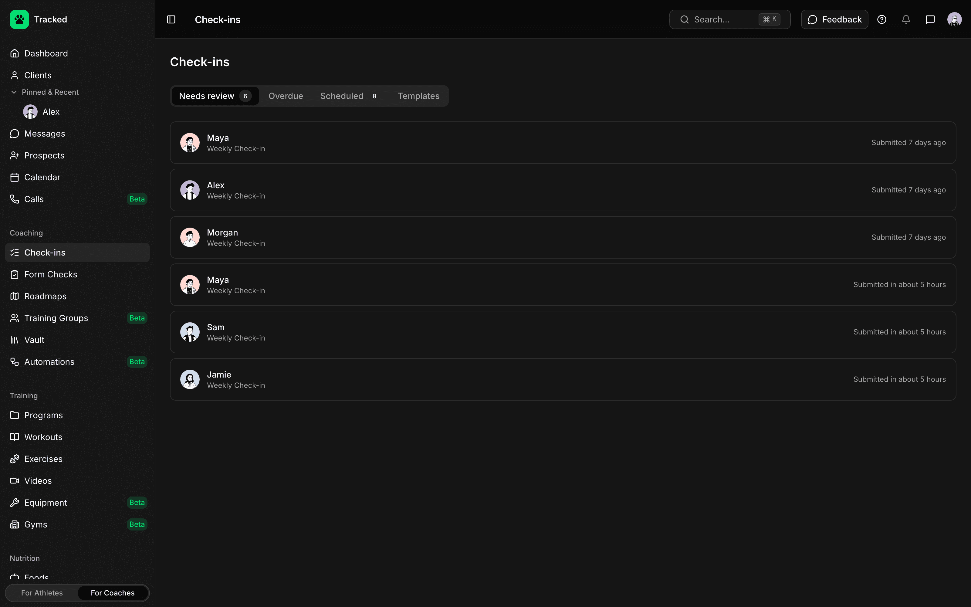 Client check-ins feature in the Tracked app