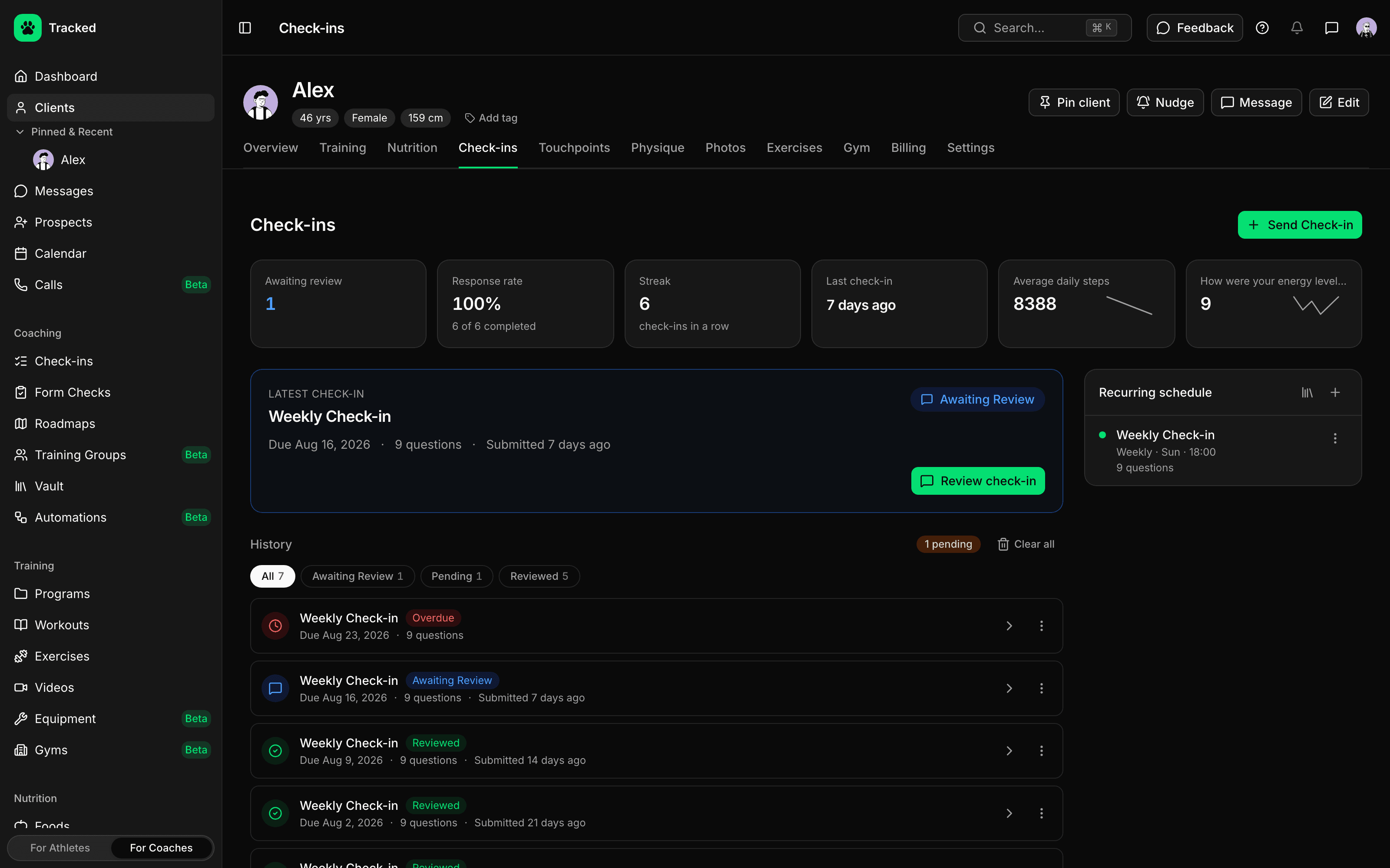Check-in data integrating with bodyweight and progress photos