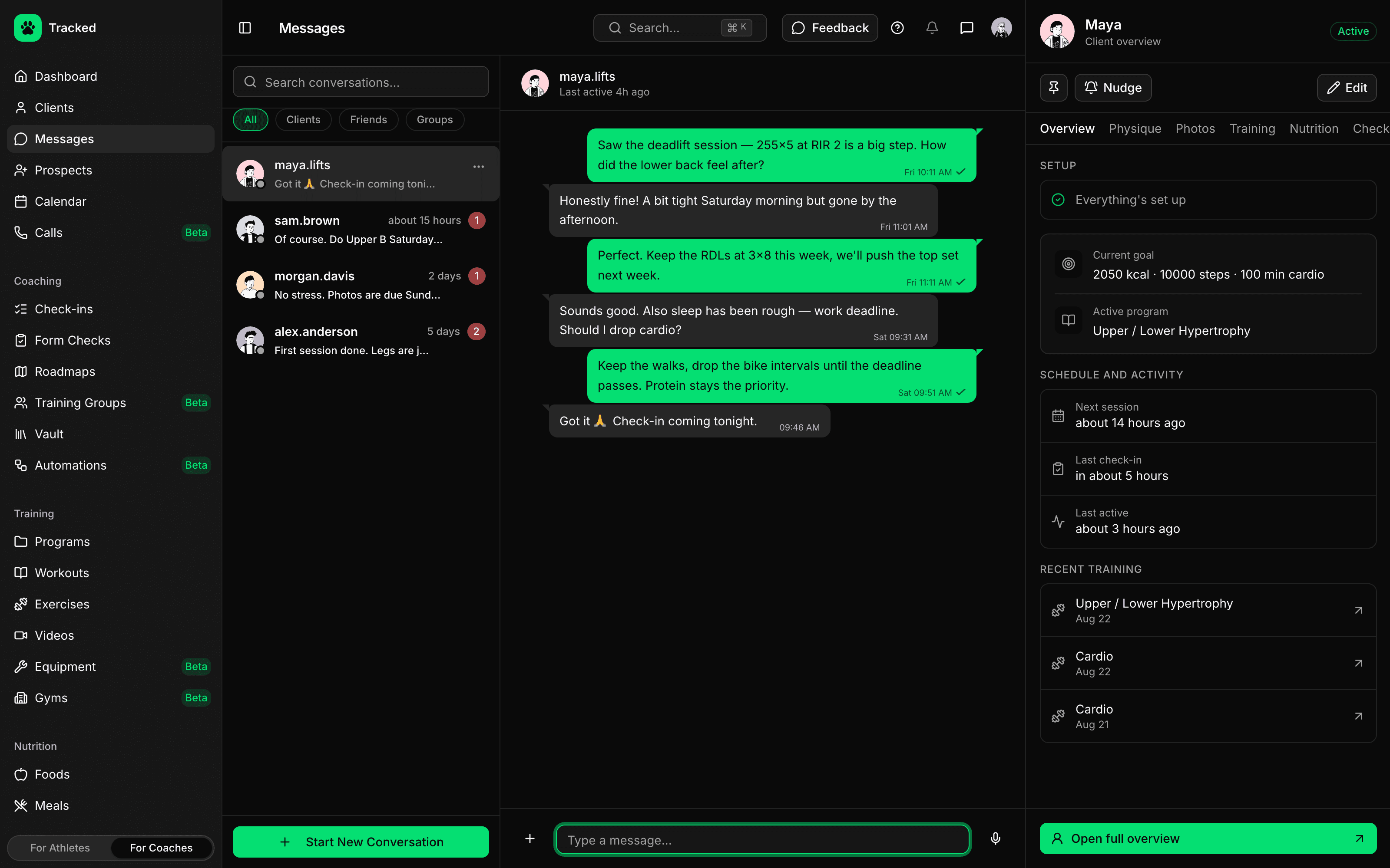 Real-time message delivery between coach and client