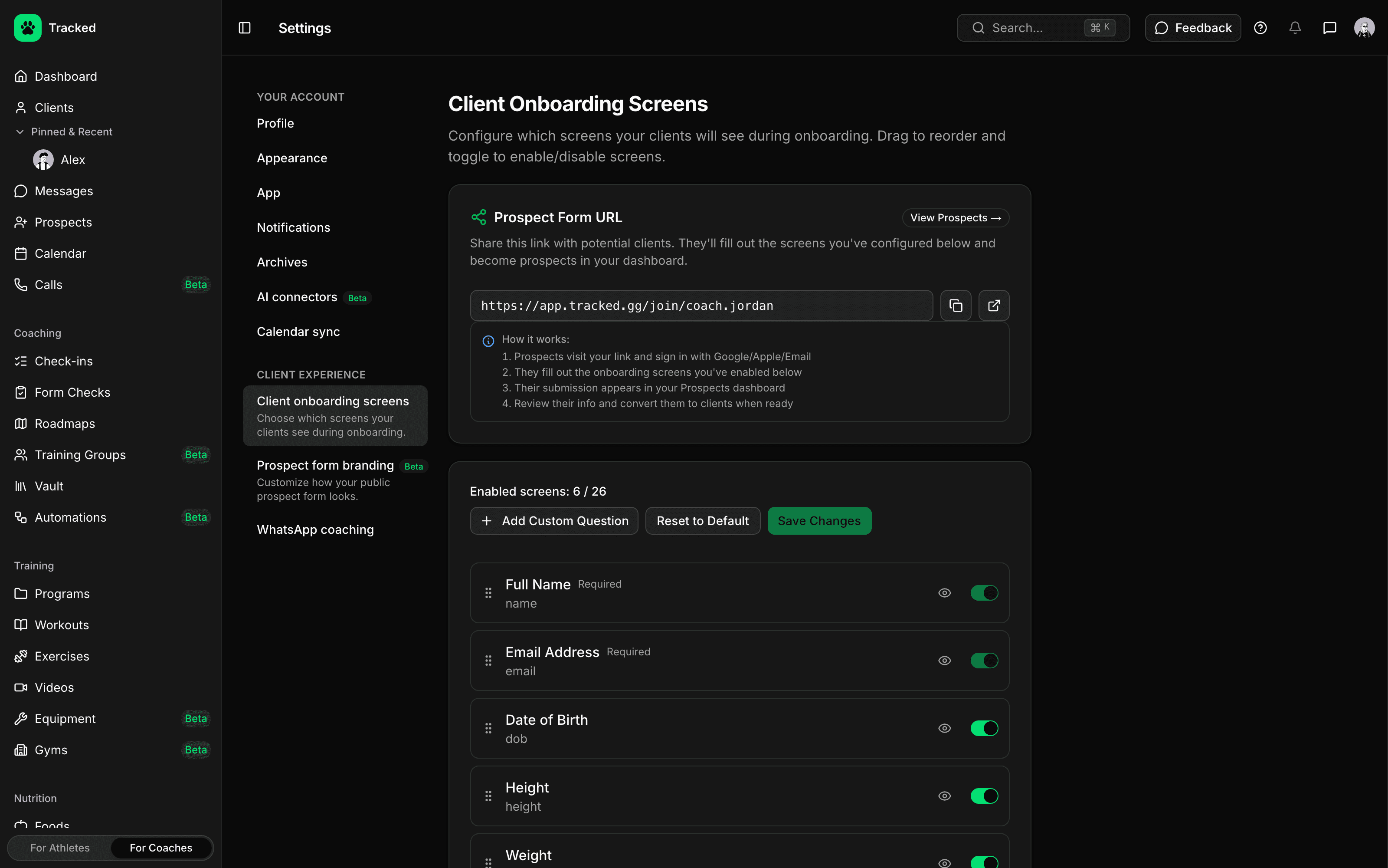 Client onboarding in the Tracked app