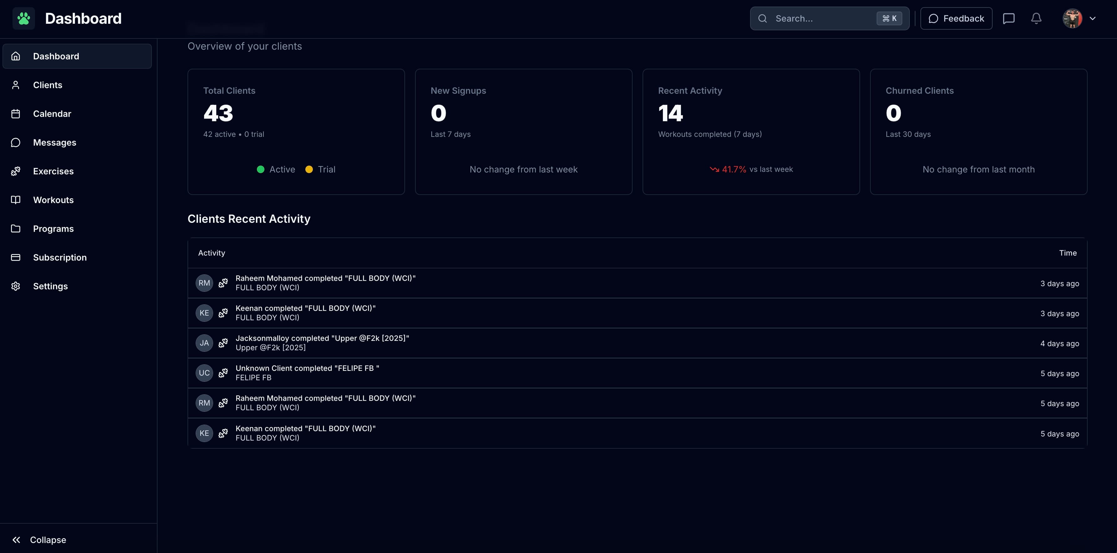 Tracked coaching dashboard showing client management