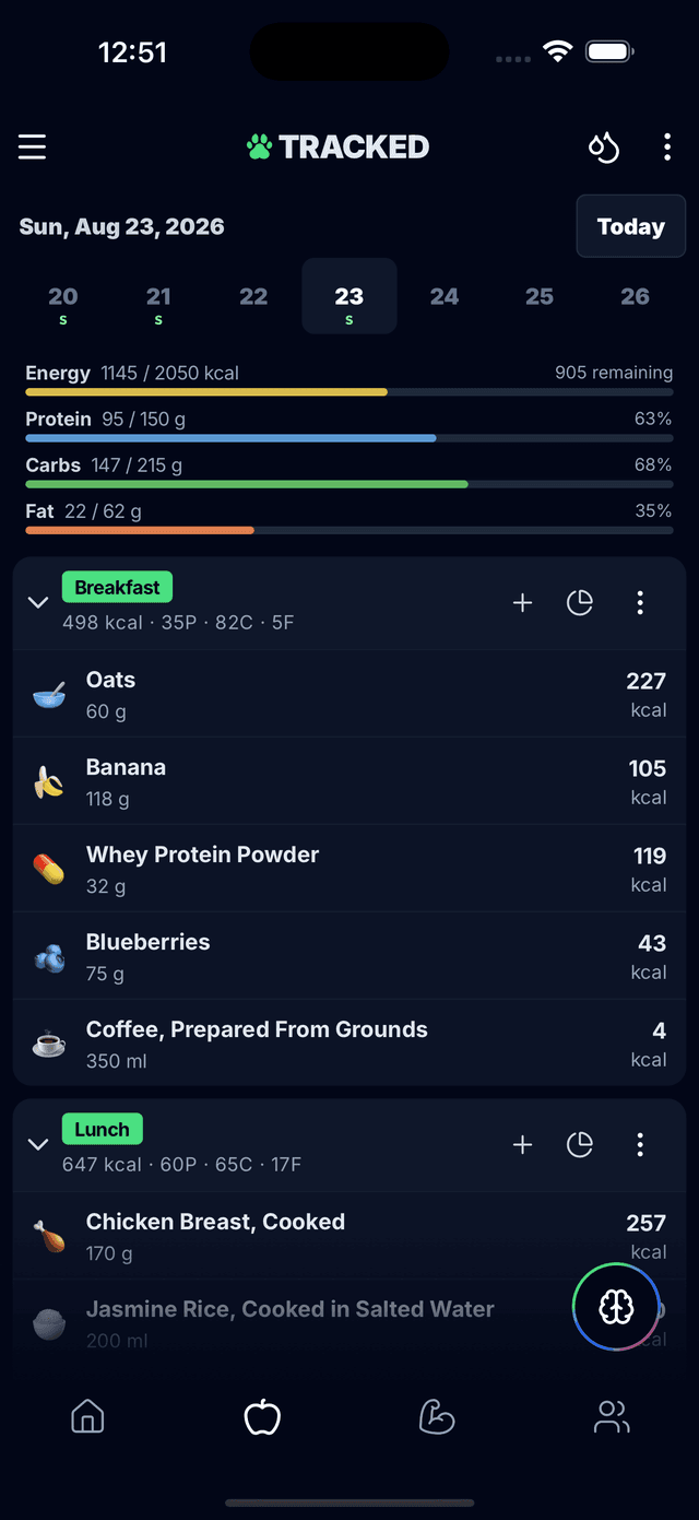 Nutrition tracking dashboard in the Tracked app