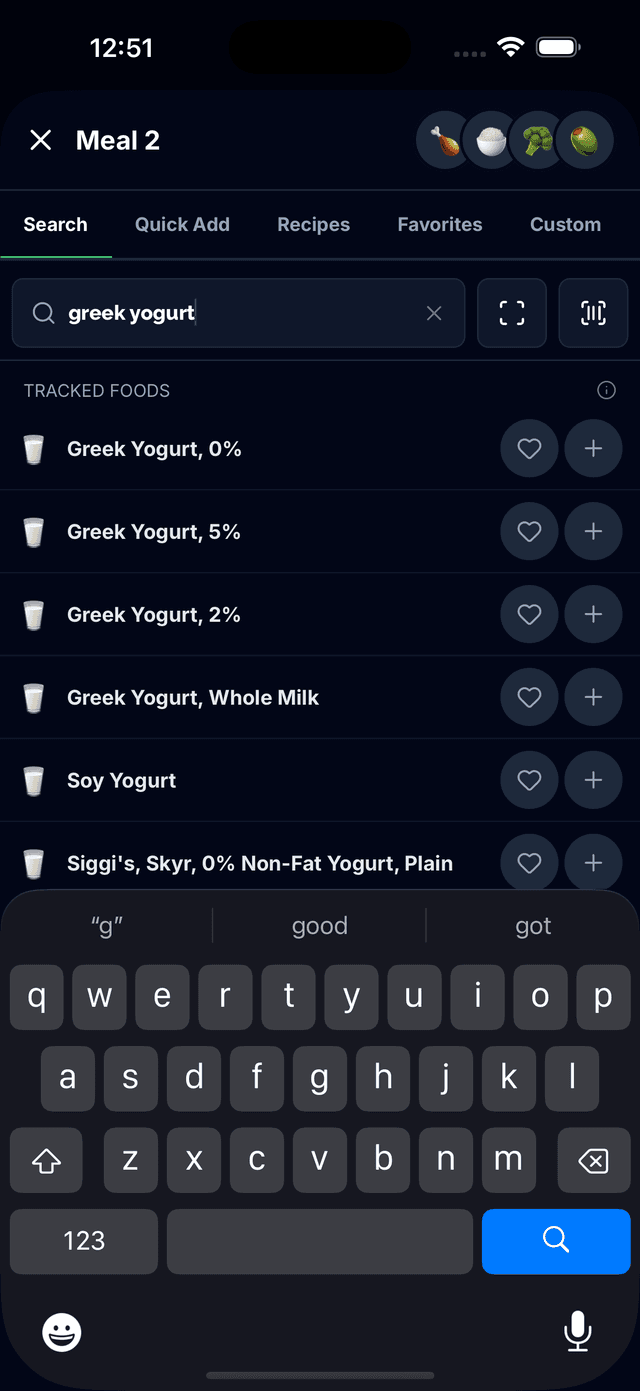 Smart food suggestions with favorites and recent items