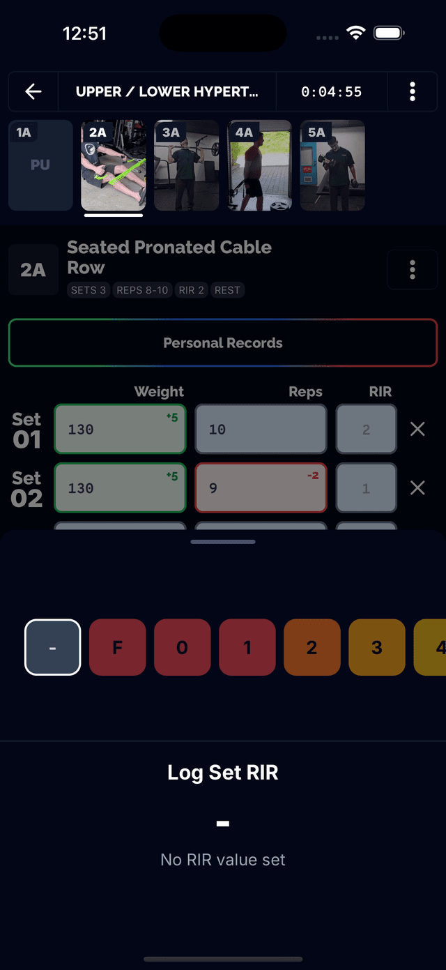 Set logging row with weight, reps, and RIR
