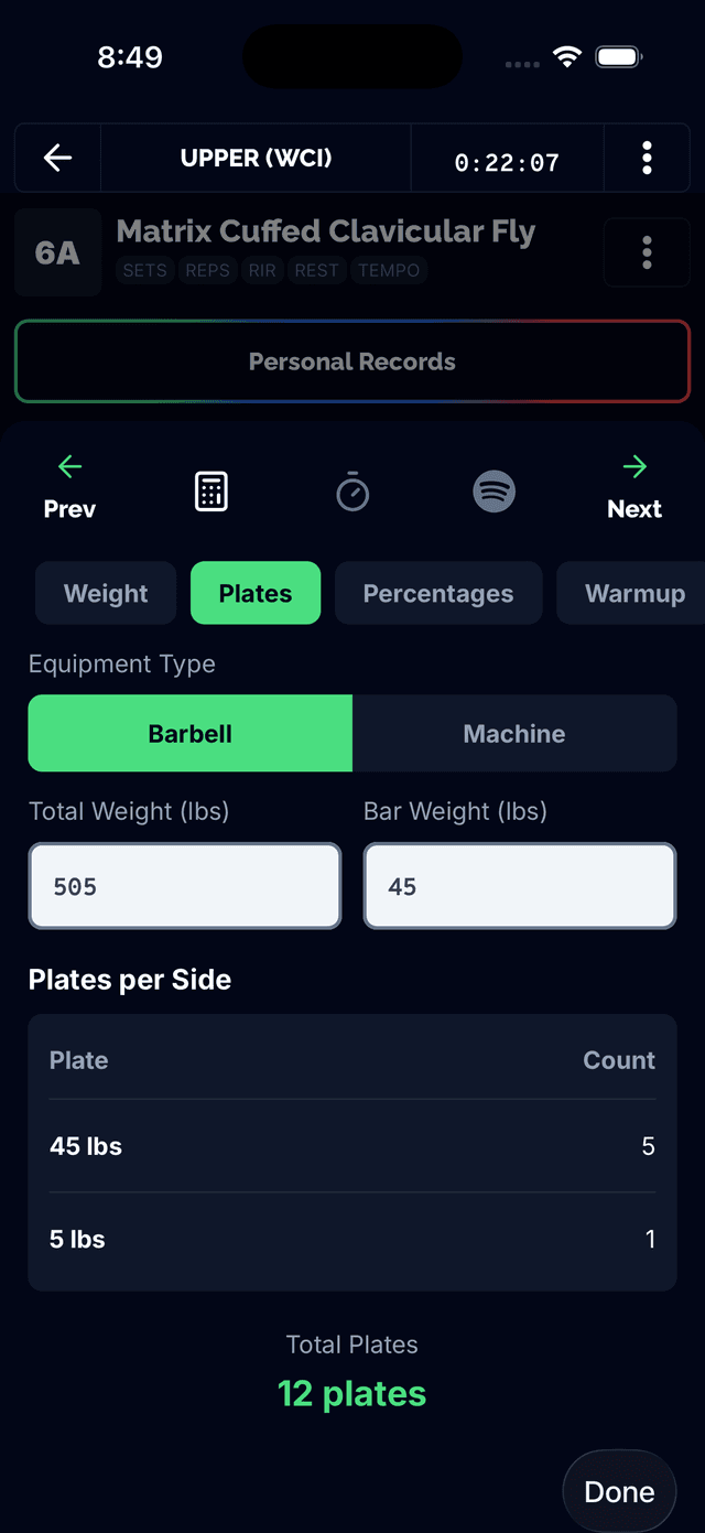 Plate loading calculator showing plates per side